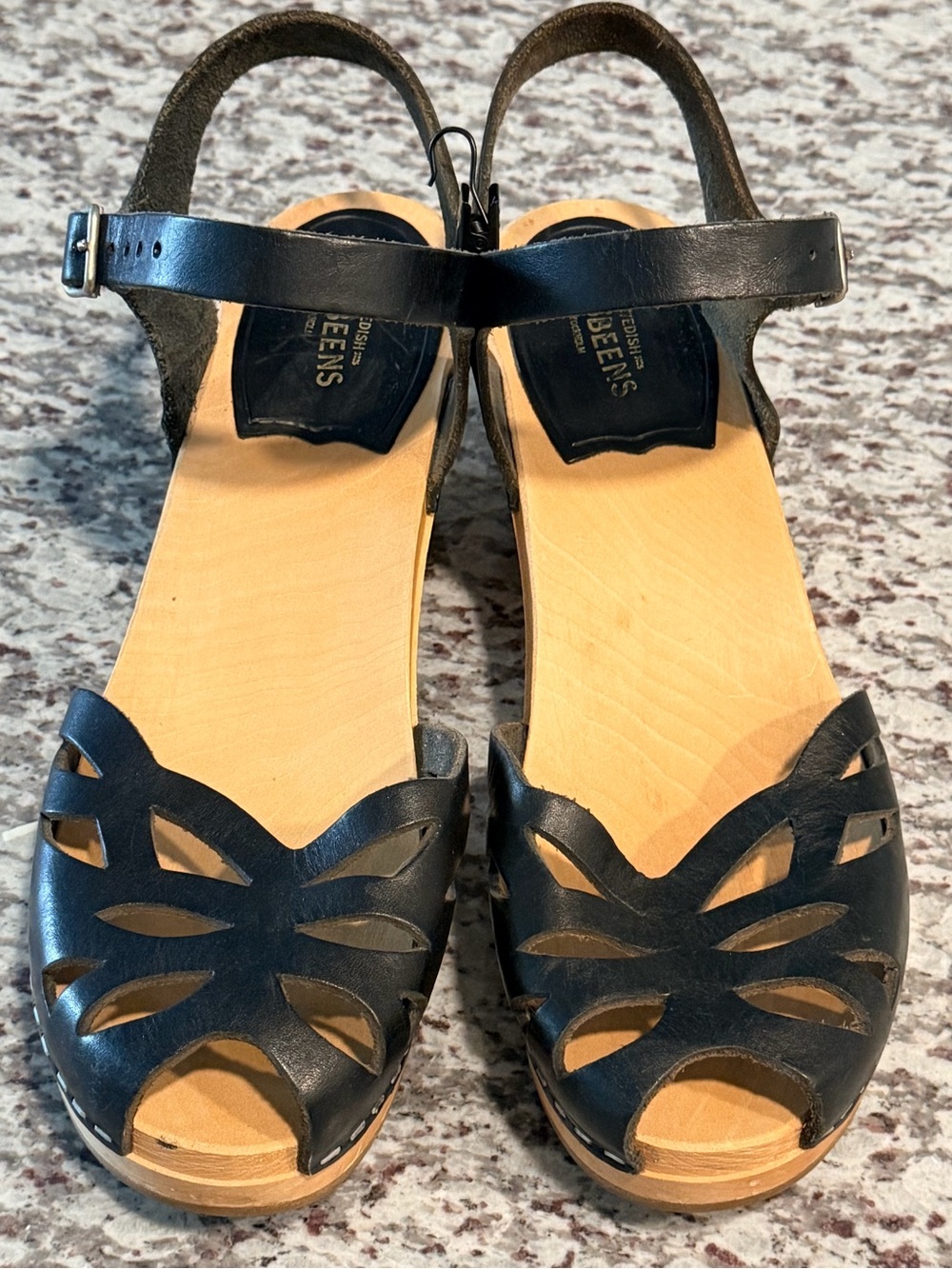 Swedish Hasbeens Black Leather Cutout Clog Sandals